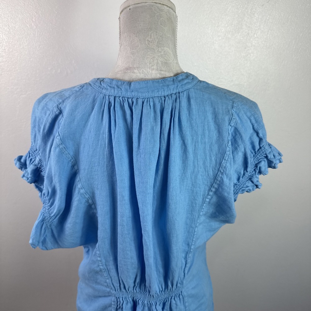 Pilcro Women's Fitted XL SS Ruffle Linen Popover Blouse Blue EUC - Picture 9 of 13